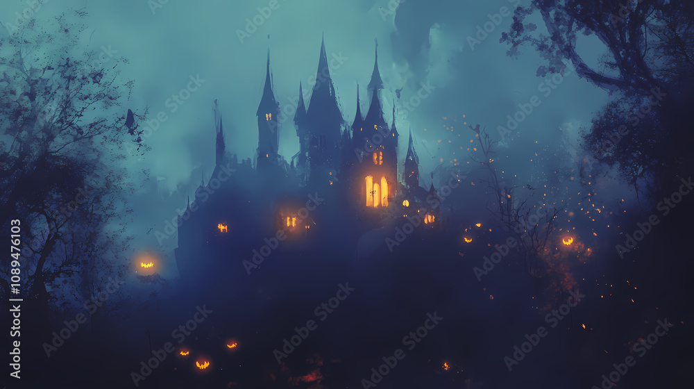 Halloween illustration with castles and glowing pumpkins at night. halloween banner, wallpaper, or card. Creepy Haunted Woods. Illustration