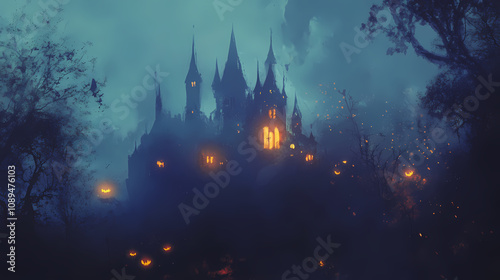 Halloween illustration with castles and glowing pumpkins at night. halloween banner, wallpaper, or card. Creepy Haunted Woods. Illustration