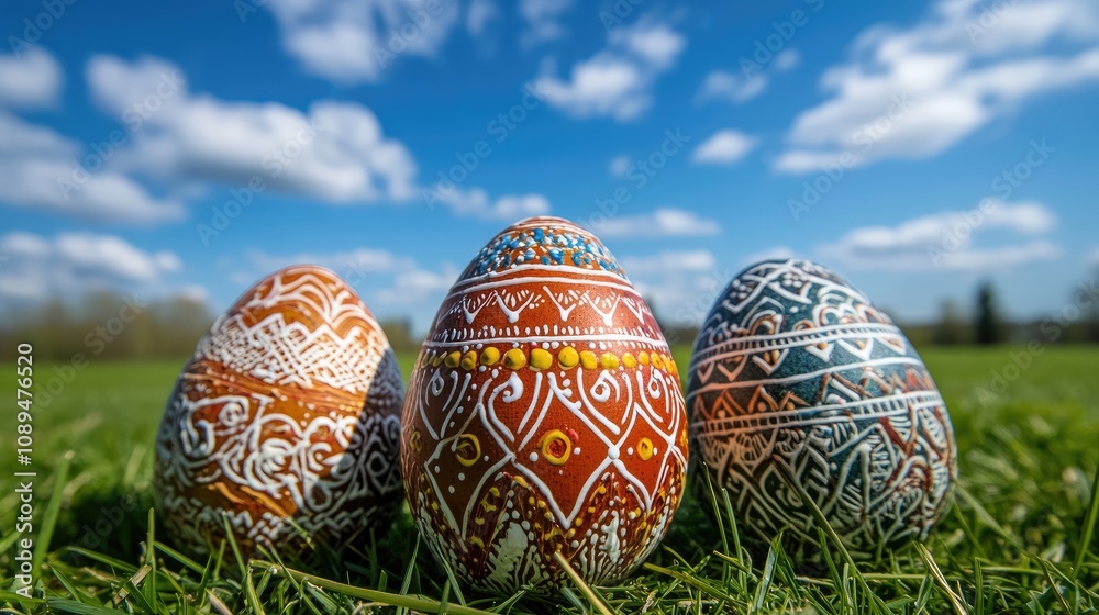 Cheerful Easter eggs painted with intricate patterns sitting on fresh green grass under a sunny blue sky, evoking the essence of spring celebrations. Cheerful Easter eggs painted with intricate patterns sitting on fresh green grass under a sunny blue sky, evoking the essence of spring celebrations.