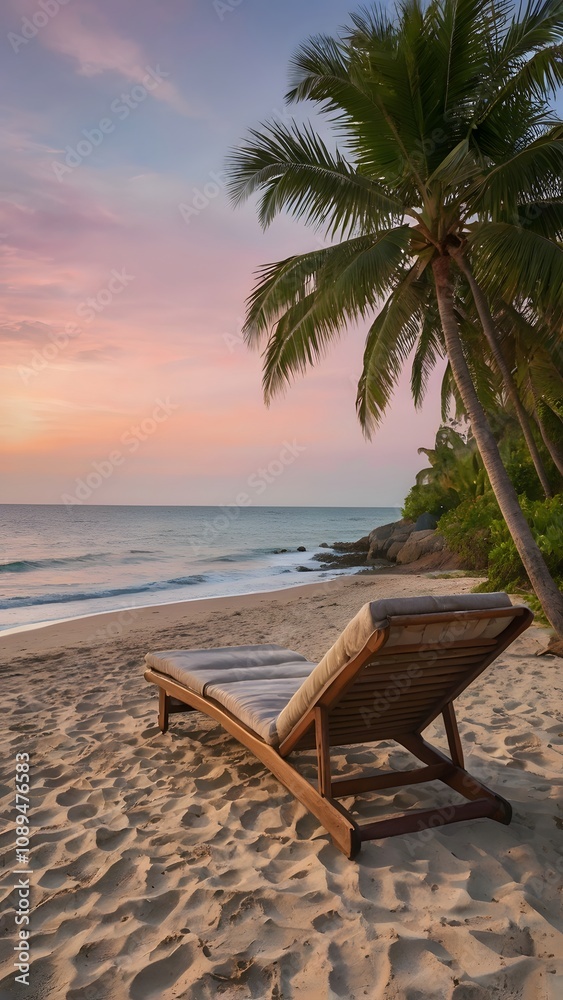 Fototapeta premium Beach Wallpaper Featuring a Serene Sunset Scene with Palm Trees, Sand, Ocean, and Relaxing Vibes