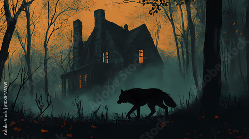 A wolf walking in front of a creepy house. suitable for halloween themes. Creepy Haunted Woods. Illustration photo