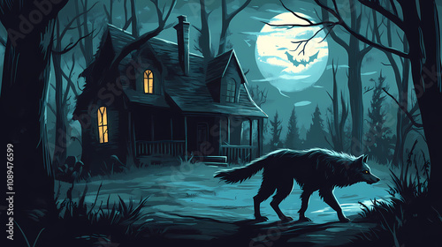 A wolf walking in front of a creepy house. suitable for halloween themes. Creepy Haunted Woods. Illustration photo