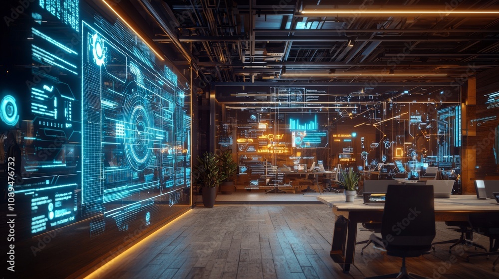 A modern office space featuring a futuristic digital wall display, sleek furniture, and ambient lighting, creating a high-tech work environment. A modern office space featuring a futuristic digital wall display, sleek furniture, and ambient lighting, creating a high-tech work environment.