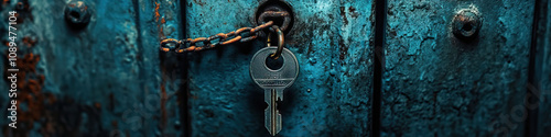 Secret: An ominous photograph of a key dangling from a chain, locked within a shadowy alcove.