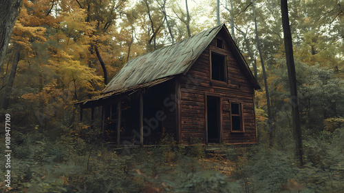 A dilapidated old broken down cabin in the woods halloween feel. Creepy Haunted Woods. Illustration