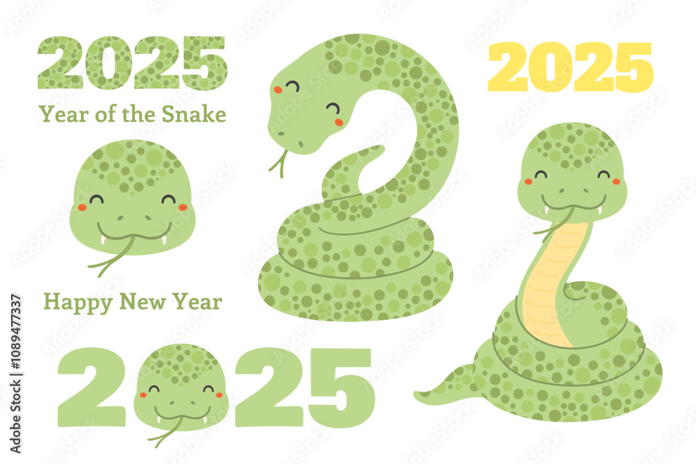 Obraz premium 2025 Chinese Lunar New Year cute cartoon snake clipart collection, isolated on white. Flat style vector illustration. Design concept for CNY, Seollal, Tet holiday card, banner, poster, decor element