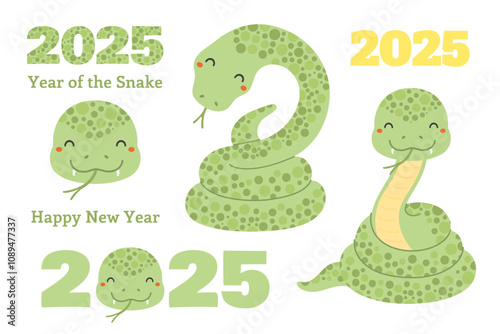 2025 Chinese Lunar New Year cute cartoon snake clipart collection, isolated on white. Flat style vector illustration. Design concept for CNY, Seollal, Tet holiday card, banner, poster, decor element