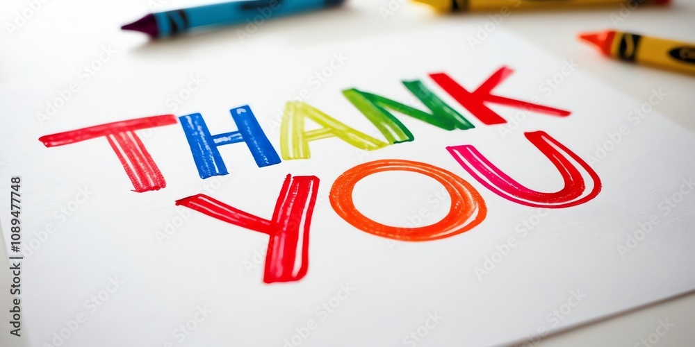 A crayon-drawn ?Thank You? on white paper with vibrant, playful strokes and plenty of breathing space surrounding it to create a light, joyful design.