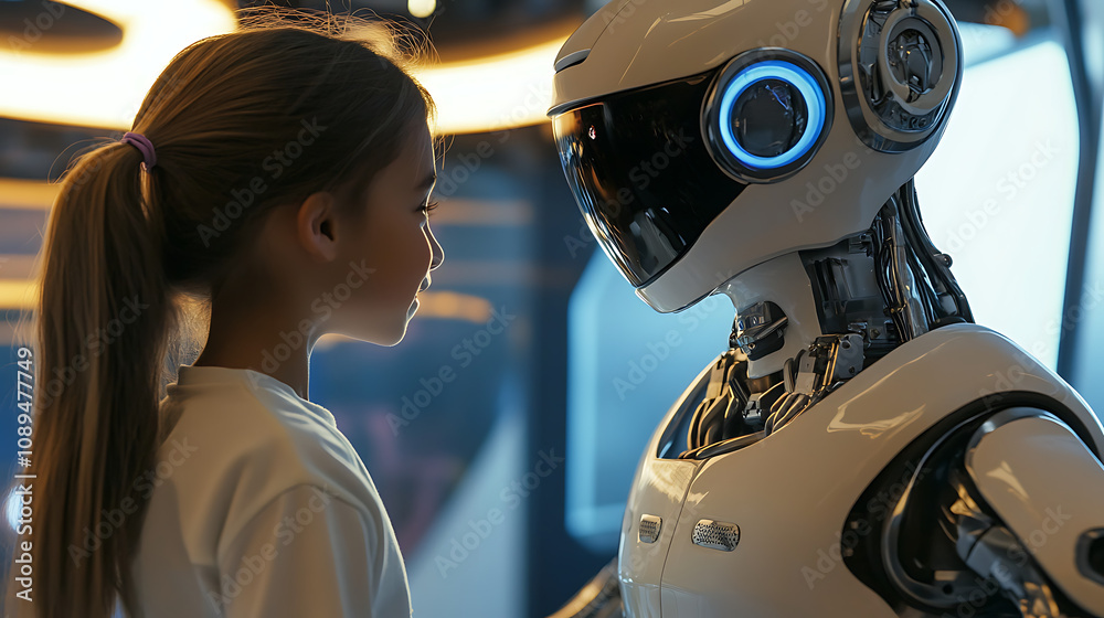 Fototapeta premium A robot tutor with sleek metallic features interacting with a young student in a high-tech learning pod, using voice commands and gestures to guide the lesson 