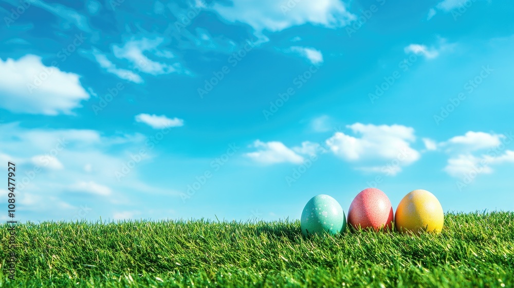 Colorful Easter eggs resting on a gentle hill of green grass, with a radiant blue sky stretching endlessly above, symbolizing festive cheer and renewal. Colorful Easter eggs resting on a gentle hill of green grass, with a radiant blue sky stretching endlessly above, symbolizing festive cheer and renewal.