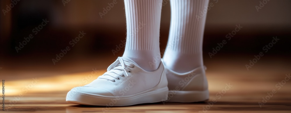 Close-up of person wearing white sneakers with white socks on floor, showcasing casual footwear Close-up of person wearing white sneakers with white socks on floor, showcasing casual footwear