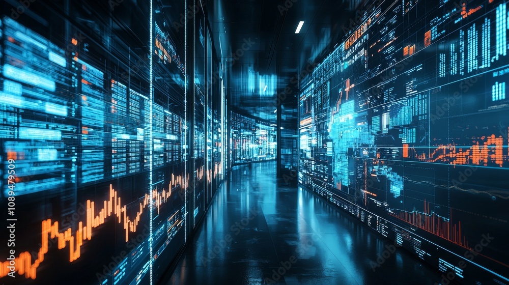 A futuristic digital corridor displaying vibrant data visualizations and analytics, illuminated by neon blue and orange lights. A futuristic digital corridor displaying vibrant data visualizations and analytics, illuminated by neon blue and orange lights.