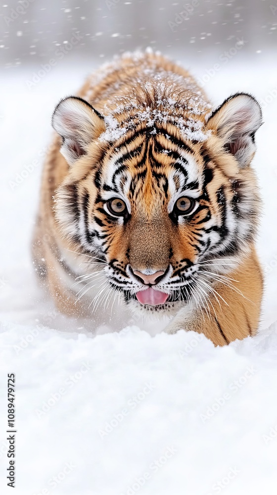 Obraz premium A tiger walking through the snow with its tongue out