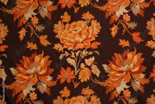 Gorgeous Autumnal Floral Brocade: Elegant Tapestry in Burnt Sienna and Orange