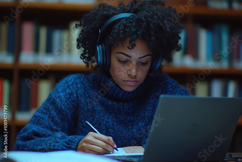 Focused Woman Studies Diligently on Her Laptop in a Cozy Library Environment photo