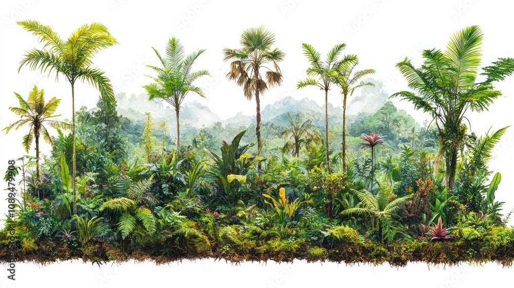 Obraz premium Lush tropical rainforest landscape with palm trees and vibrant foliage isolated on white background.
