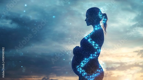 Serene depiction of a pregnant woman with a glowing holographic overlay of her child s genes representing prenatal genetic editing for health optimization photo