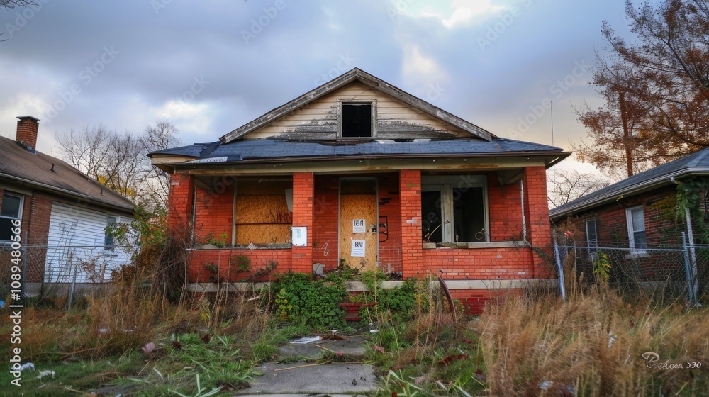 Dilapidated Red Brick House with Boarded Windows and Overgrown Yard Dilapidated Red Brick House with Boarded Windows and Overgrown Yard