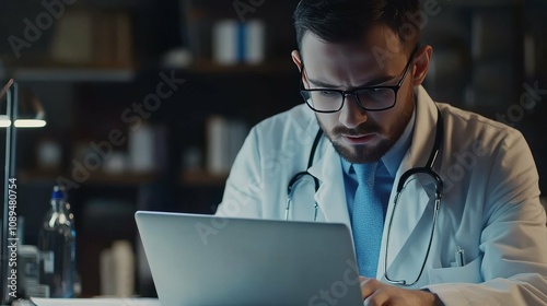 Dedicated Doctor Working Late at Night