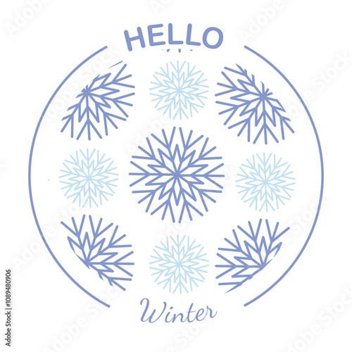 Hello winter. 1st December as a symbol of winter beginning. Hand drawn vector illustration in flat style. Blue snowflakes background. Vector web banner, greeting card, snowfall design, round frame