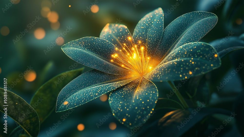 Fototapeta premium Beautiful close-up of a luminous flower surrounded by ethereal glow and soft bokeh, showcasing intricate petal details in a serene natural setting.