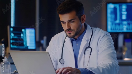 Dedicated Doctor Working Late at Night