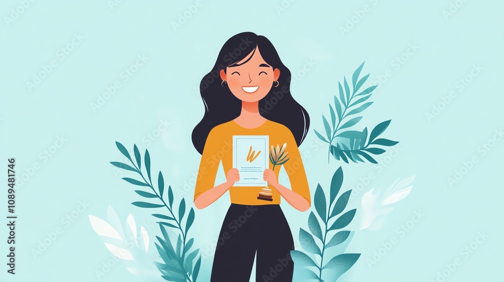 A happy woman holding a trophy and certificate with green leaves in a light blue background. A happy woman holding a trophy and certificate with green leaves in a light blue background.