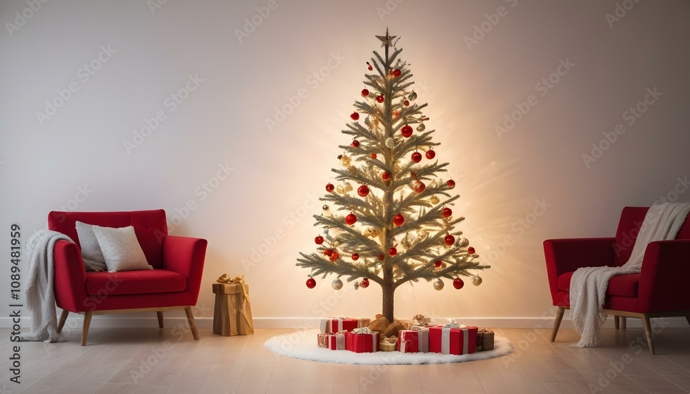 Árbol de Navidad en un Espacio Acogedor Un árbol de Navidad decorado con luces y adornos en tonos dorados y rojos, colocado en un rincón de una sala moderna con un fondo de pared blanca o de madera Árbol de Navidad en un Espacio Acogedor Un árbol de Navidad decorado con luces y adornos en tonos dorados y rojos, colocado en un rincón de una sala moderna con un fondo de pared blanca o de madera