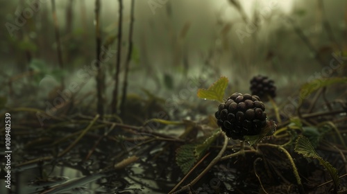 A blackberry in a foggy swamp.