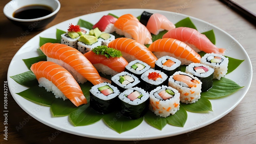 Delicious assortment of sushi and maki on a white plate, garnished with green leaves. Soy sauce in a small bowl. Delicious assortment of sushi and maki on a white plate, garnished with green leaves. Soy sauce in a small bowl.