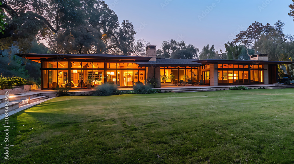 A Sprawling Ranch-Style Home with Large Windows and Expansive Grounds, Offering a Blend of Comfortable Living and Scenic Views in a Spacious, Open Design A Sprawling Ranch-Style Home with Large Windows and Expansive Grounds, Offering a Blend of Comfortable Living and Scenic Views in a Spacious, Open Design