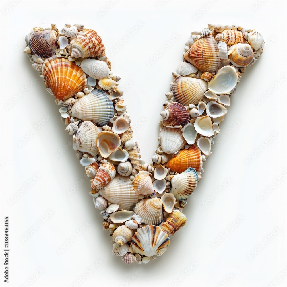 letter V artistically crafted colorful seashells showcasing their intricate patterns clean white background stunning visual impact. letter V artistically crafted colorful seashells showcasing their intricate patterns clean white background stunning visual impact.