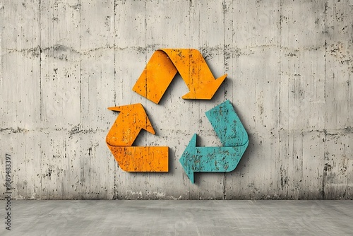 Stylized recycling logo with eye catching graffiti textures and patterns set against a rugged weathered urban wall background  The design conveys a sense of sustainability eco friendliness photo