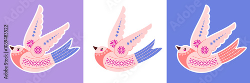 Banner of three winter birds with snowflakes ornament and northern Norwegian, Finnish folklore patterns for embroidery. Cute vector illustration for Christmas greeting card, stickers, tag.