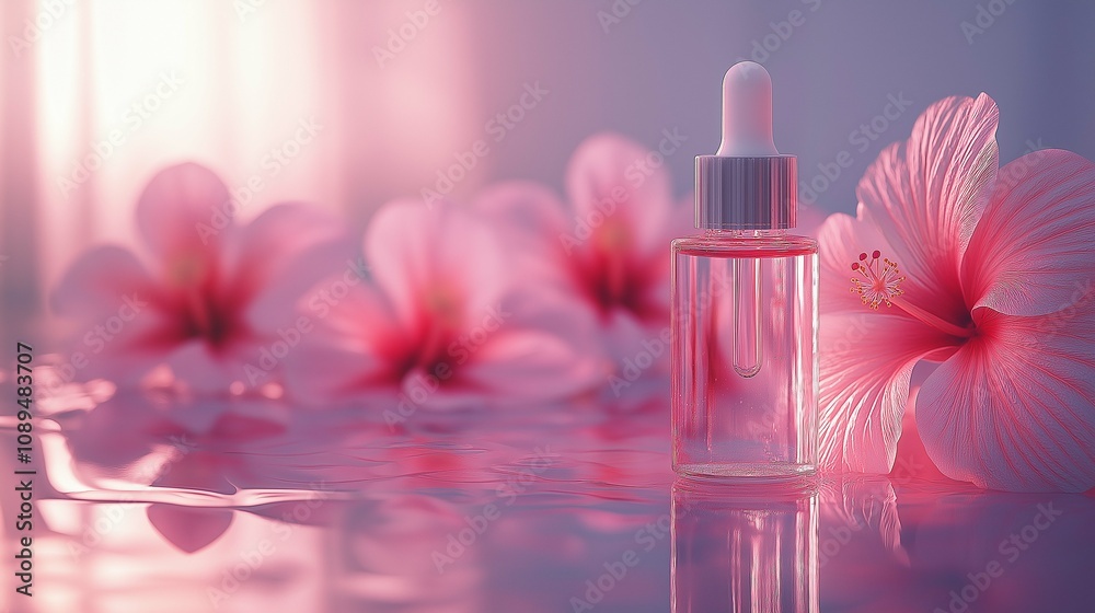 Elegant Beauty Serum with Flower Composition in Soft Pastel Hues Showcasing Luxury and Tranquility for Skincare and Wellness Purposes in a Serene Ambiance Elegant Beauty Serum with Flower Composition in Soft Pastel Hues Showcasing Luxury and Tranquility for Skincare and Wellness Purposes in a Serene Ambiance