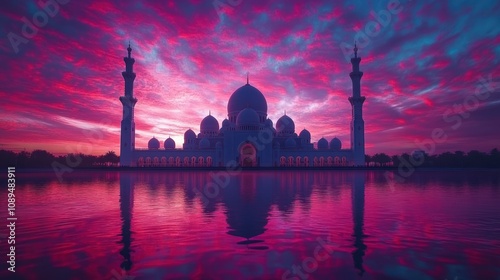 Majestic mosque reflecting in vibrant sunset water. photo