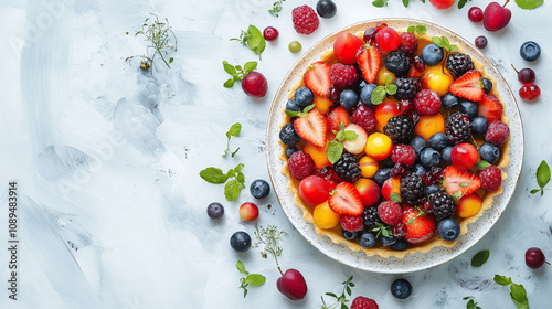 Wallpaper Mural vibrant fruit tart featuring golden pastry base topped with array of fresh berries and fruits, creating elegant and colorful dessert display Torontodigital.ca