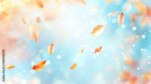 autumn leaves falling in the air on pastel bokeh background