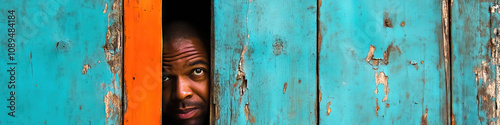 A man trying to fit his body through a narrow door. photo