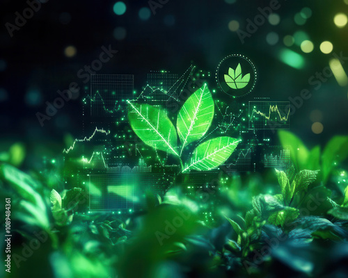 An abstract image depicting the growth of a green plant overlaid with glowing digital charts and graphs symbolizing sustainable business and financial growth in the green technology sector photo