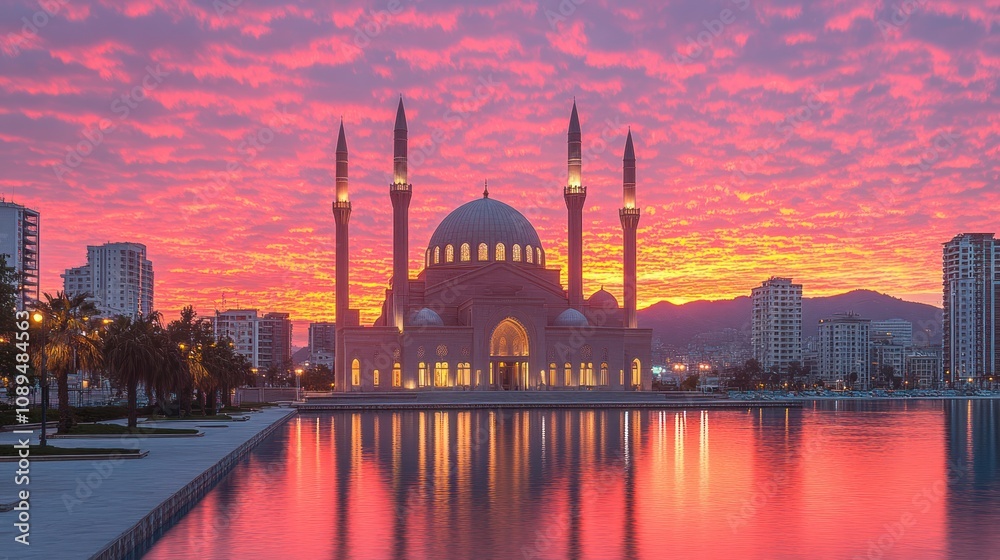 Naklejka premium Majestic mosque reflecting in calm water at vibrant sunrise.