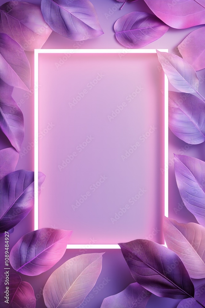 Neon rectangular surrounded by lavender purple leaves forming an empty space. Vaporwave, copy space concept.