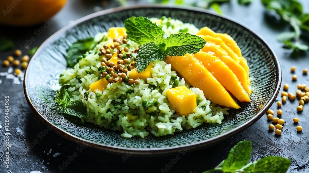 Vibrant and Colorful Plate of Mango Sticky Rice Dish Featuring Green Glutinous Rice Roasted Mung Beans Fresh Mango Slices and Mint Leaves A Delicious and Healthy Southeast Asian Culinary Delight Vibrant and Colorful Plate of Mango Sticky Rice Dish Featuring Green Glutinous Rice Roasted Mung Beans Fresh Mango Slices and Mint Leaves A Delicious and Healthy Southeast Asian Culinary Delight