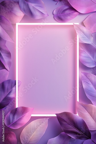 Obraz na płótnie Neon rectangular surrounded by lavender purple leaves forming an empty space. Vaporwave, copy space concept. w salonie