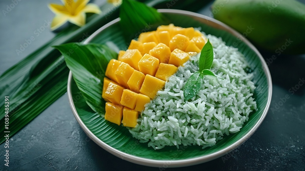 Vibrant and flavorful tropical mango sticky rice dish served on a decorative plate garnished with fresh mango slices coconut cream and green rice showcasing the authentic flavors of Asian cuisine Vibrant and flavorful tropical mango sticky rice dish served on a decorative plate garnished with fresh mango slices coconut cream and green rice showcasing the authentic flavors of Asian cuisine