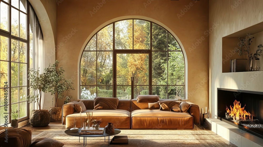 Naklejka premium Autumnal Living Room with Arch Window and Fireplace