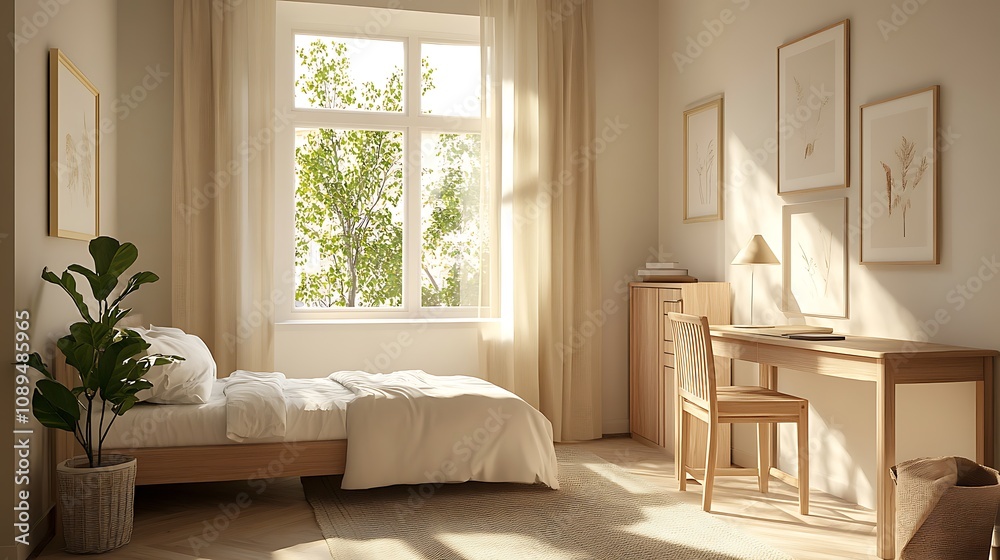 Fototapeta premium Elegant and Cozy Modern Bedroom Interior Design with Stylish Decor, mockup, poster and Background