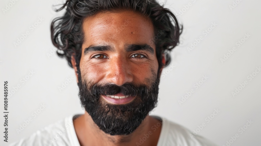 Cheerful Bearded Man with Curly Hair Smiling Against White Background Cheerful Bearded Man with Curly Hair Smiling Against White Background