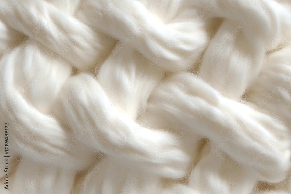 A highly detailed, seamless texture of white wool fabric with soft, fluffy detailing for a natural and cozy look. The background is a solid color to highlight the intricate, patterned threads in the m A highly detailed, seamless texture of white wool fabric with soft, fluffy detailing for a natural and cozy look. The background is a solid color to highlight the intricate, patterned threads in the m