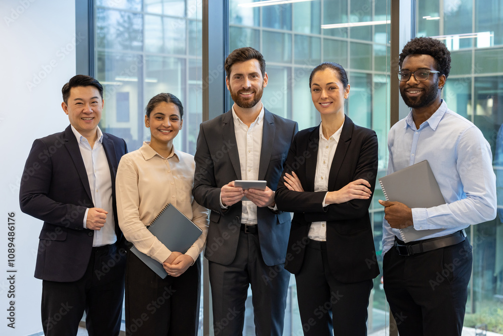 Group of five diverse business professionals standing confidently in office environment. Team members holding folders and phone showcasing unity, teamwork, professionalism, diversity. Group of five diverse business professionals standing confidently in office environment. Team members holding folders and phone showcasing unity, teamwork, professionalism, diversity.